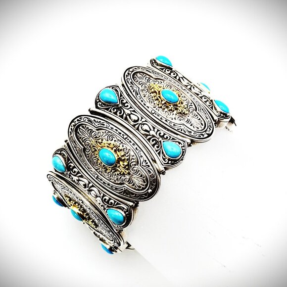 Konstantino Jewelry - KONSTANTINO Sterling Silver 18K Gold Turquoise Wide Bangle Bracelet 149 Grams